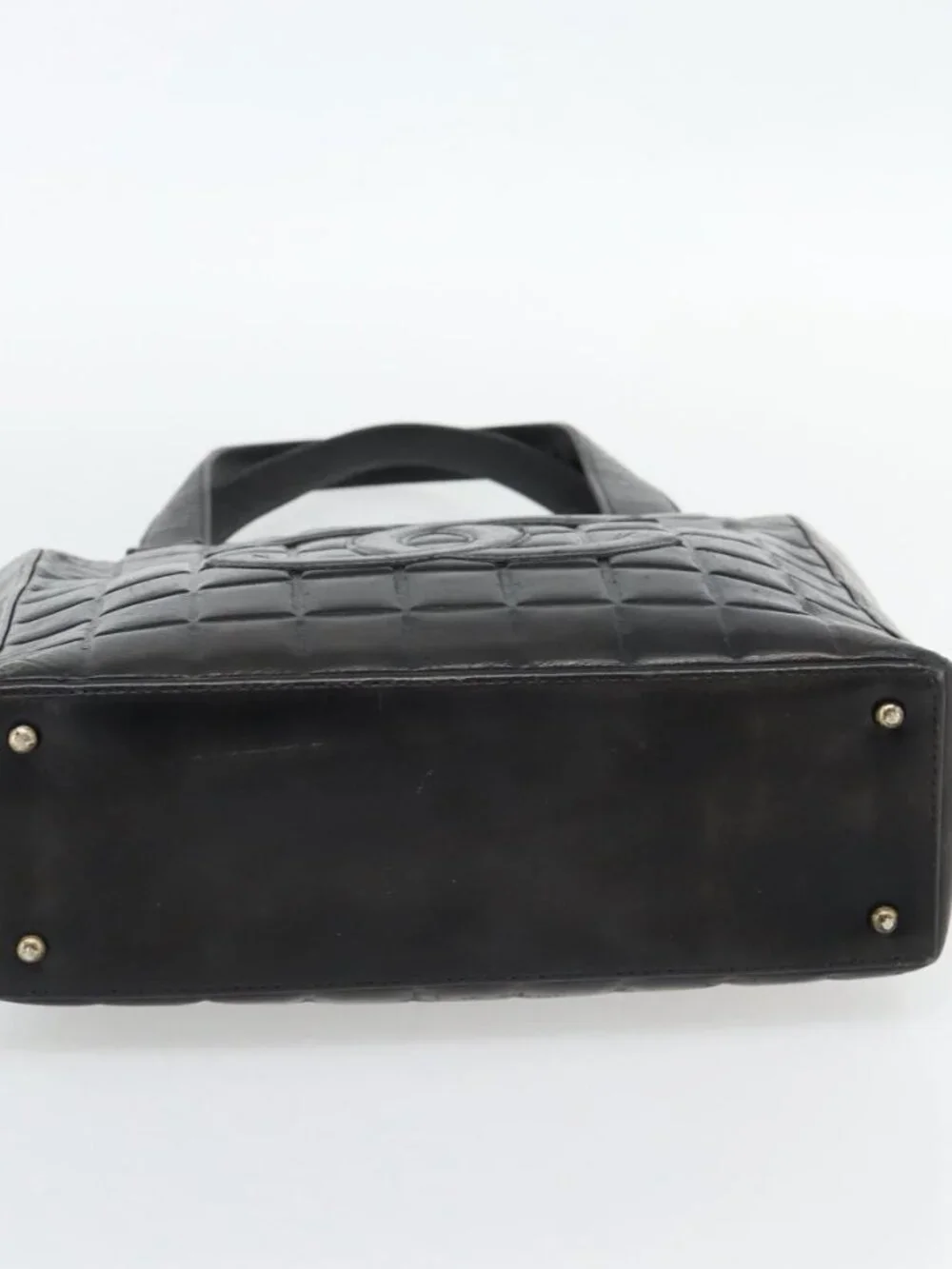 CHANEL Choco Bar Hand Bag Leather Black Gold CC Auth bs35341